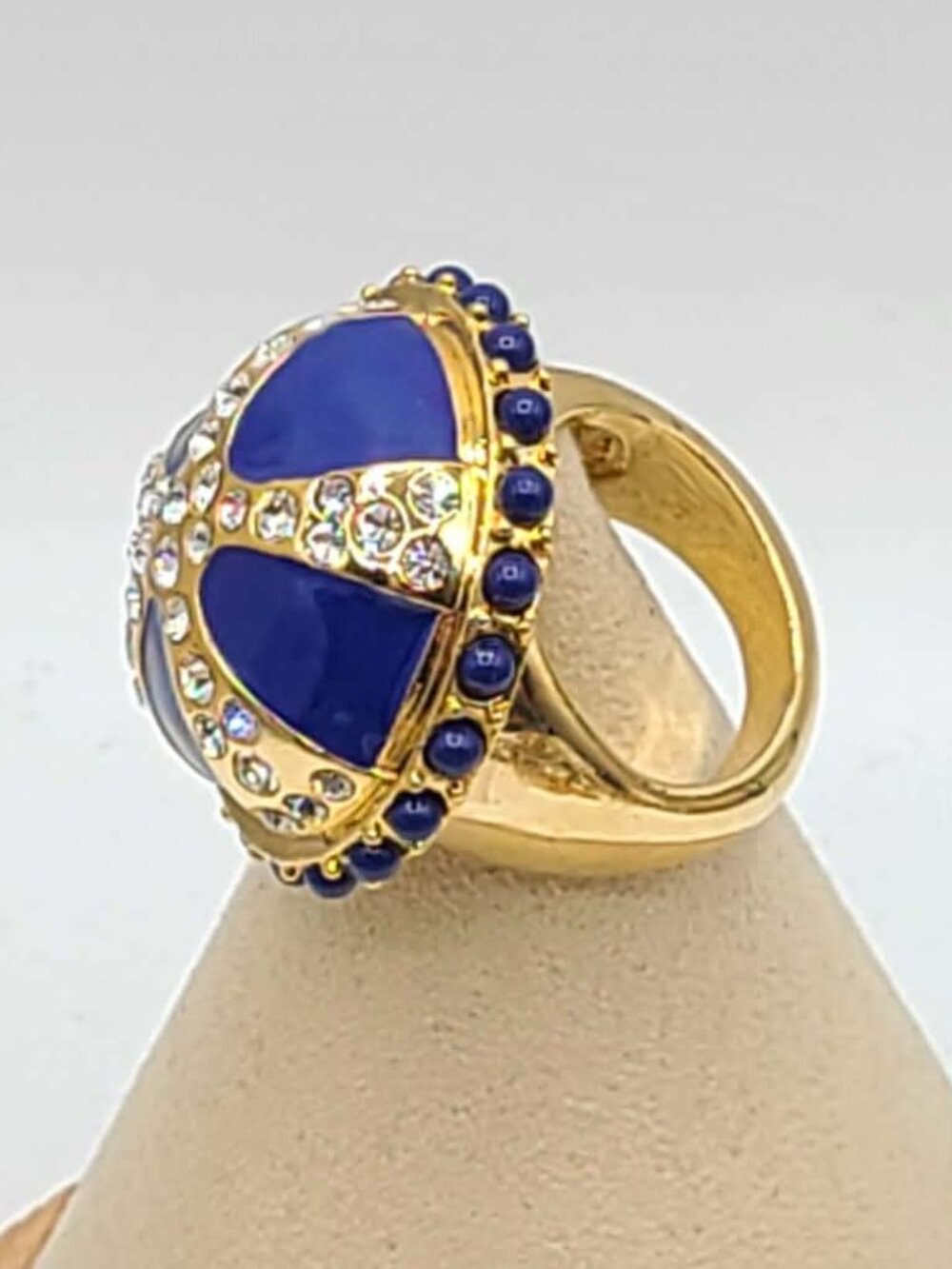 J Crew Huge Blue Enamel Clear Crystal Domed Gold Tone Ring size 8 1/4